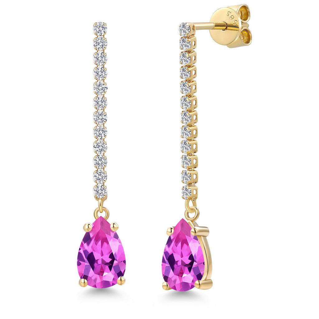 Pink Created Sapphire - September_Earrings in 14K Yellow Gold