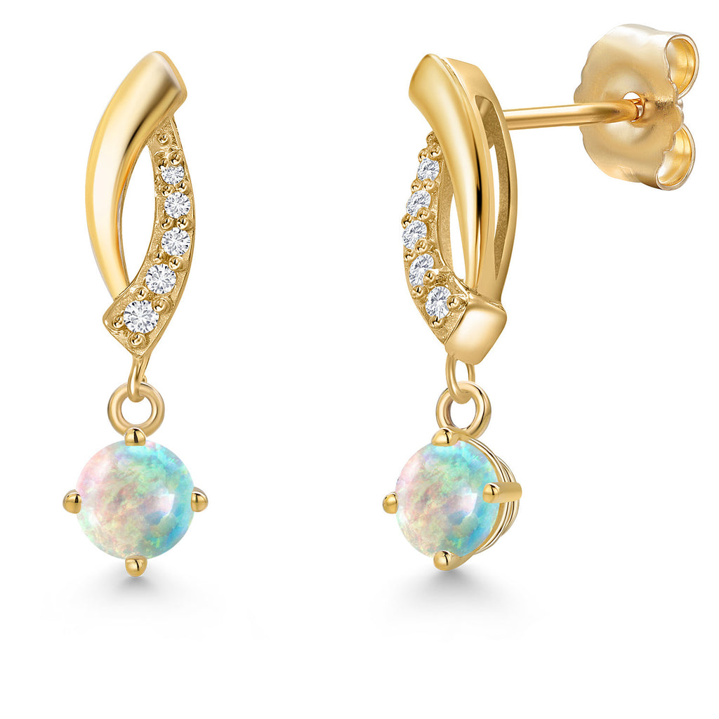 White Simulated Opal-Cabochon - October_Earrings in 14K Yellow Gold