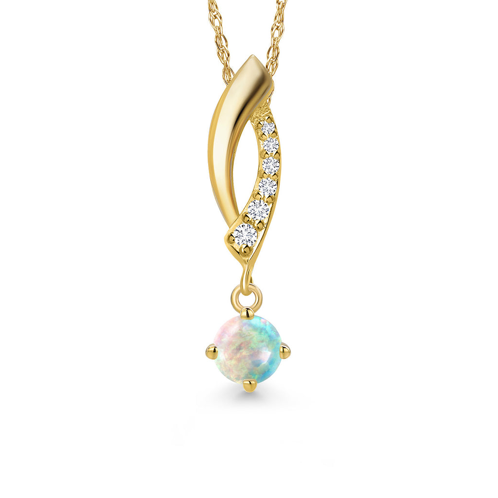 White Simulated Opal-Cabochon - October_Pendant in 14K Yellow Gold