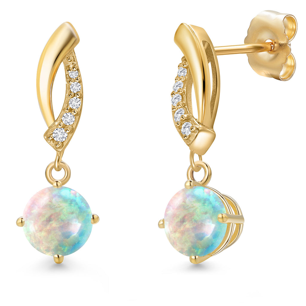 White Simulated Opal-Cabochon - October_Earrings in 14K Yellow Gold