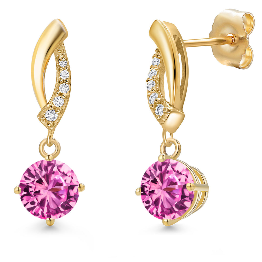 Pink Created Sapphire - September_Earrings in 14K Yellow Gold
