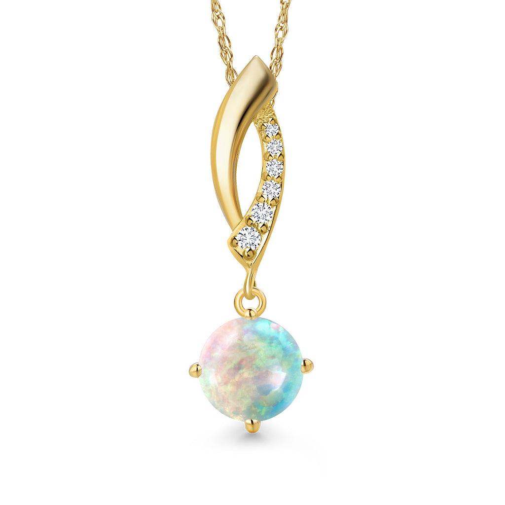 White Simulated Opal-Cabochon - October_Pendant in 14K Yellow Gold
