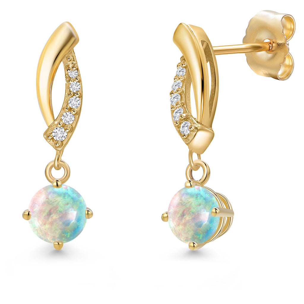 White Simulated Opal-Cabochon - October_Earrings in 14K Yellow Gold