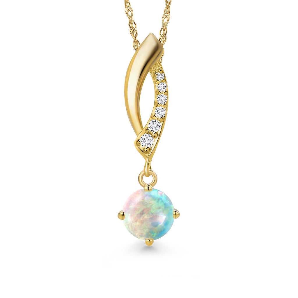 White Simulated Opal-Cabochon - October_Pendant in 14K Yellow Gold