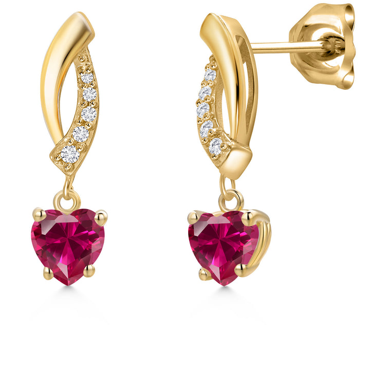 14K Yellow Gold Red Created Ruby and Lab Grown Diamond Earrings for Women | 1.25 Cttw | Gemstone July Birthstone | Heart Shape 5MM