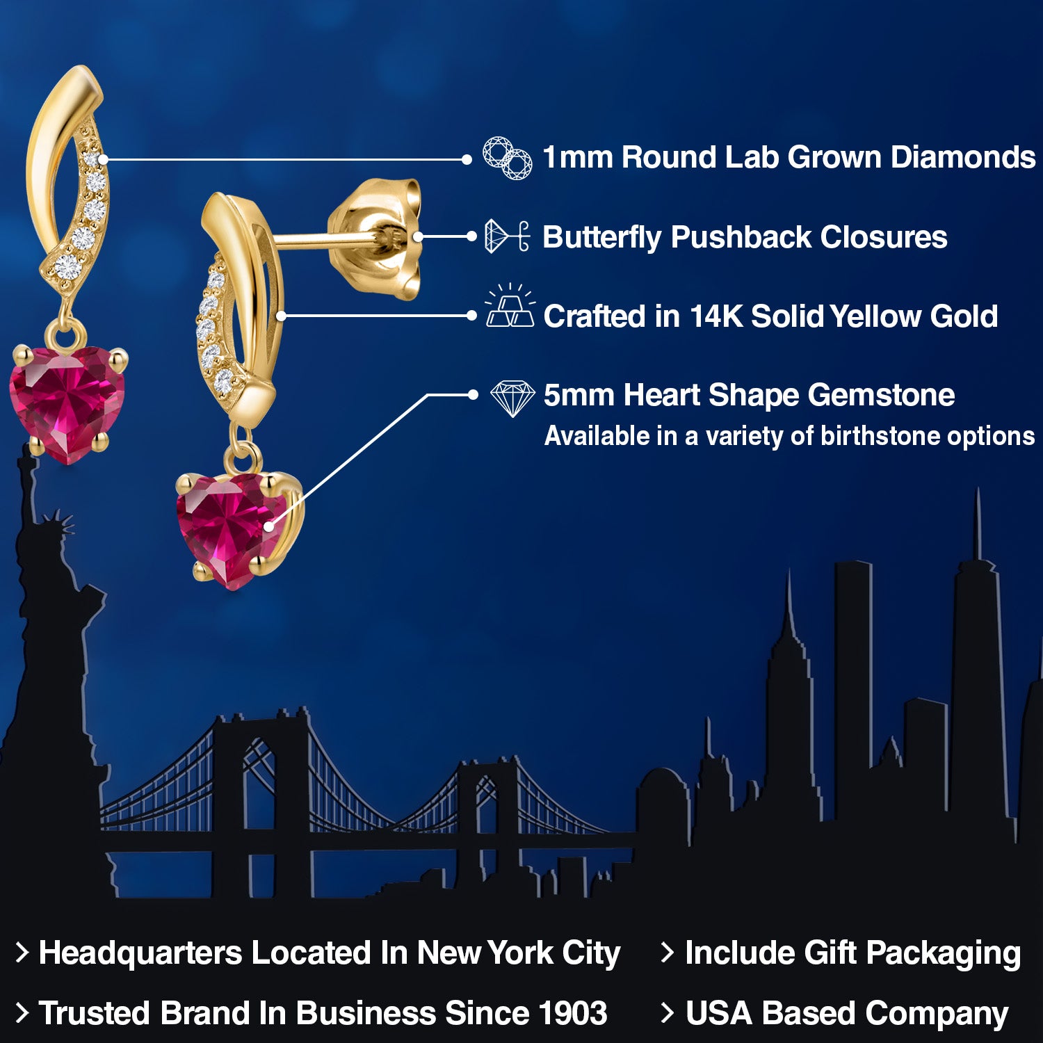 14K Yellow Gold Red Created Ruby and Lab Grown Diamond Earrings for Women | 1.25 Cttw | Gemstone July Birthstone | Heart Shape 5MM