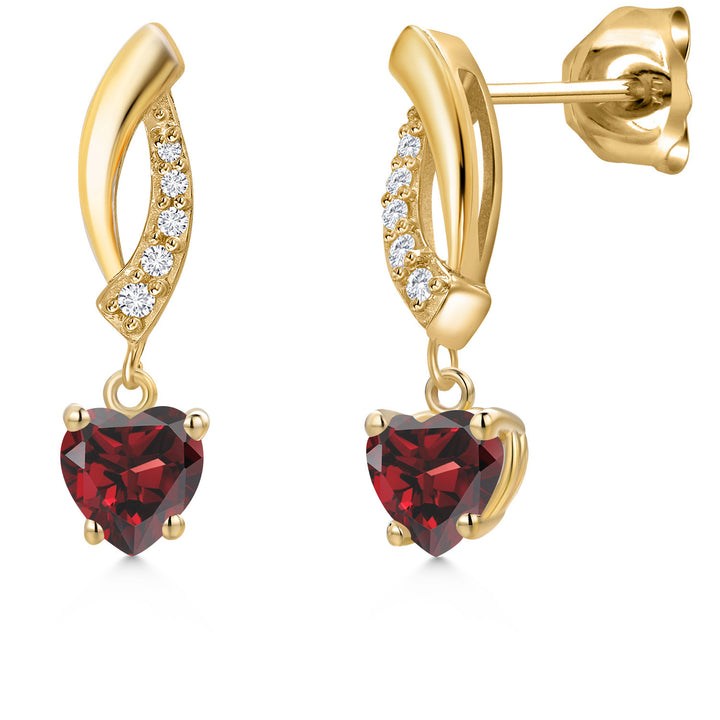 14K Yellow Gold Red Garnet and Lab Grown Diamond Earrings for Women | 1.25 Cttw | Gemstone January Birthstone | Heart Shape 5MM