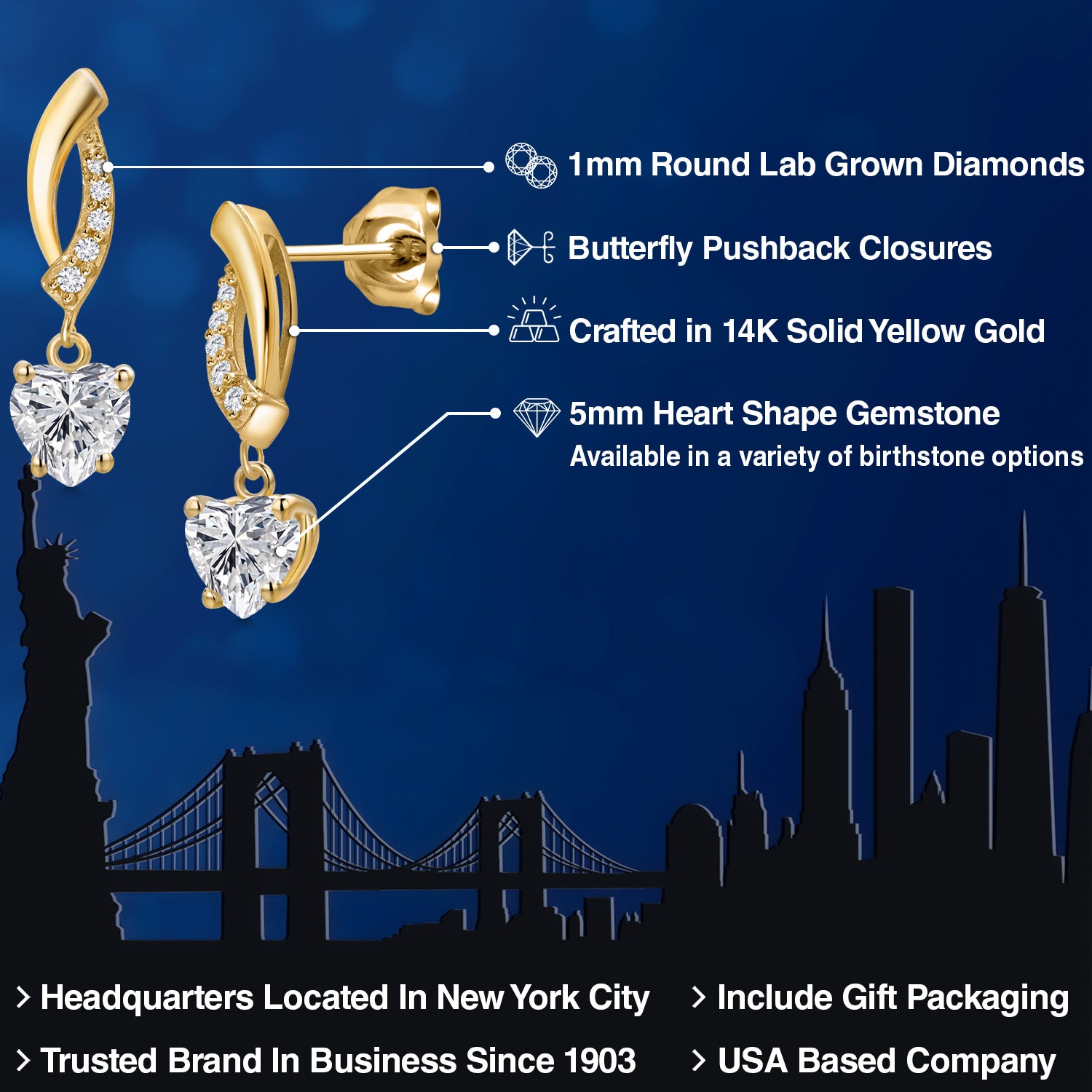 14K Yellow Gold Lab Grown Diamond Earrings for Women | 0.93 Cttw | Gemstone April Birthstone | Heart Shape 5MM