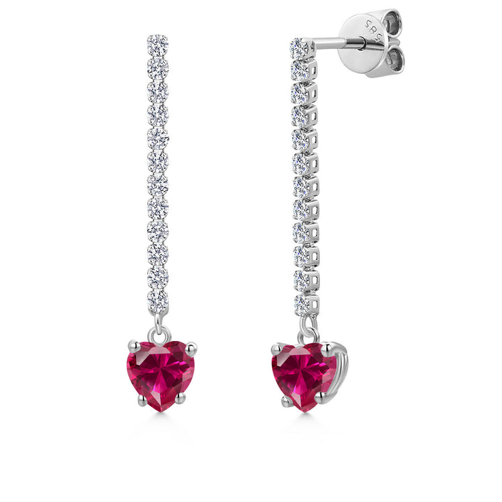 14K White Gold Red Created Ruby and Lab Grown Diamond Dangle Earrings for Women | 1.56 Cttw | Gemstone July Birthstone | Heart Shape 5MM