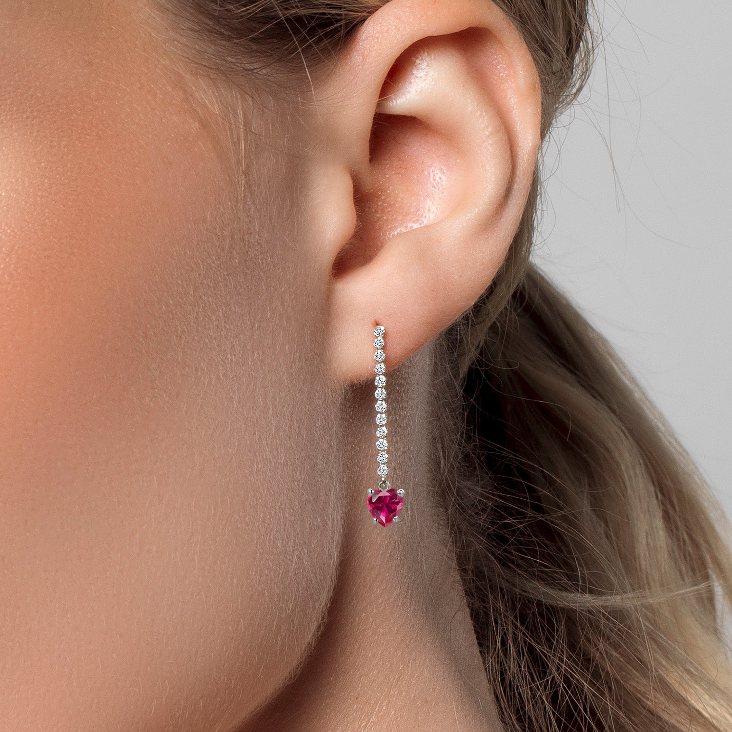 14K White Gold Red Created Ruby and Lab Grown Diamond Dangle Earrings for Women | 1.56 Cttw | Gemstone July Birthstone | Heart Shape 5MM