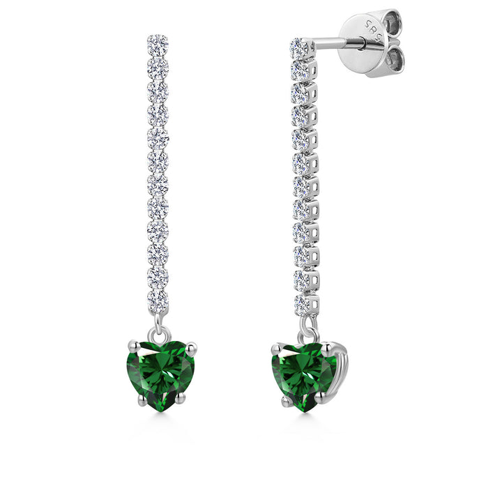 14K White Gold Green Nano Emerald and Lab Grown Diamond Dangle Earrings for Women | 1.36 Cttw | Gemstone May Birthstone | Heart Shape 5MM