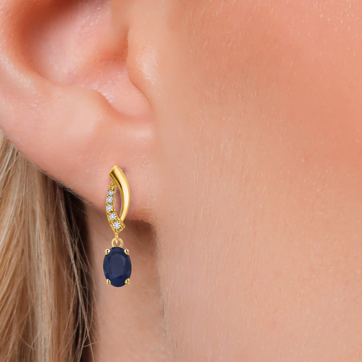 1.15 Cttw Blue Sapphire and Lab Grown Diamond 14K Yellow Gold Earrings for Women |  Gemstone September Birthstone | Oval 6X4MM