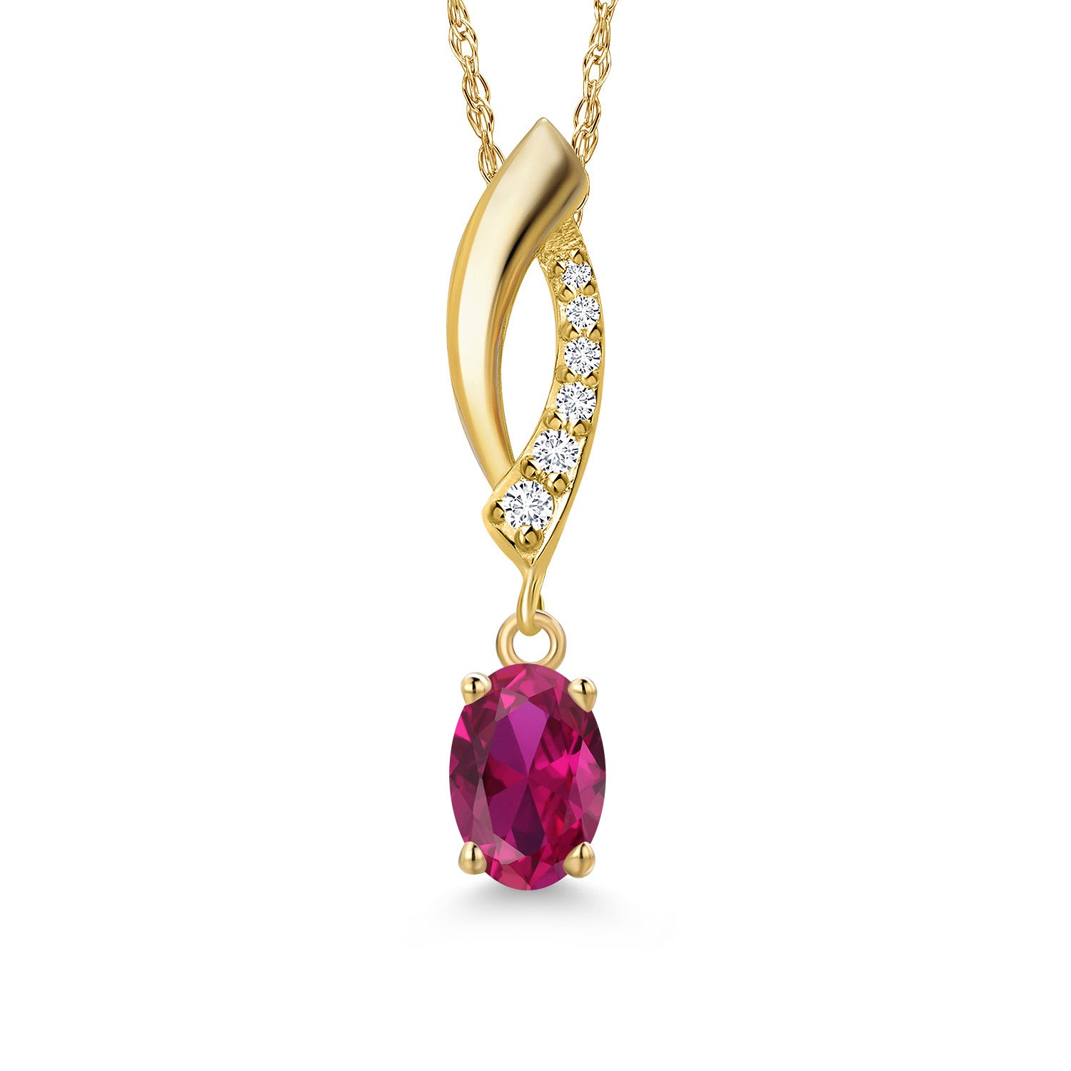 14K Yellow Gold Red Created Ruby and Lab Grown Diamond Pendant Necklace for Women | 0.53 Cttw | Gemstone July Birthstone | Oval 6X4MM | With 18 Inch Chain