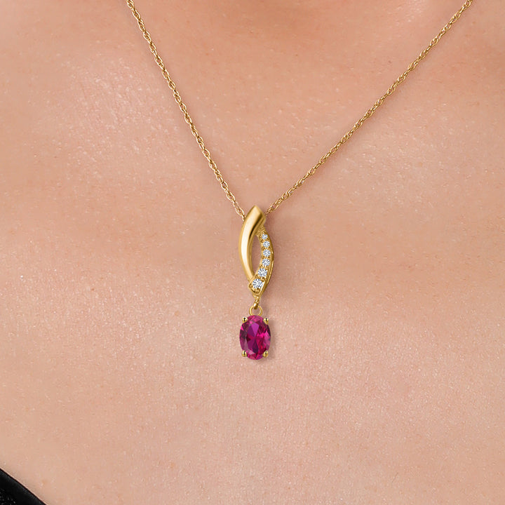 14K Yellow Gold Red Created Ruby and Lab Grown Diamond Pendant Necklace for Women | 0.53 Cttw | Gemstone July Birthstone | Oval 6X4MM | With 18 Inch Chain