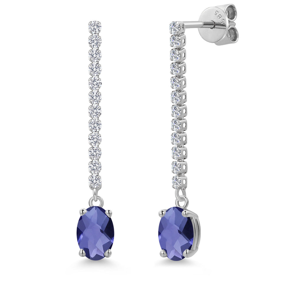 Blue Iolite-Checkerboard_Earrings in 14K White Gold