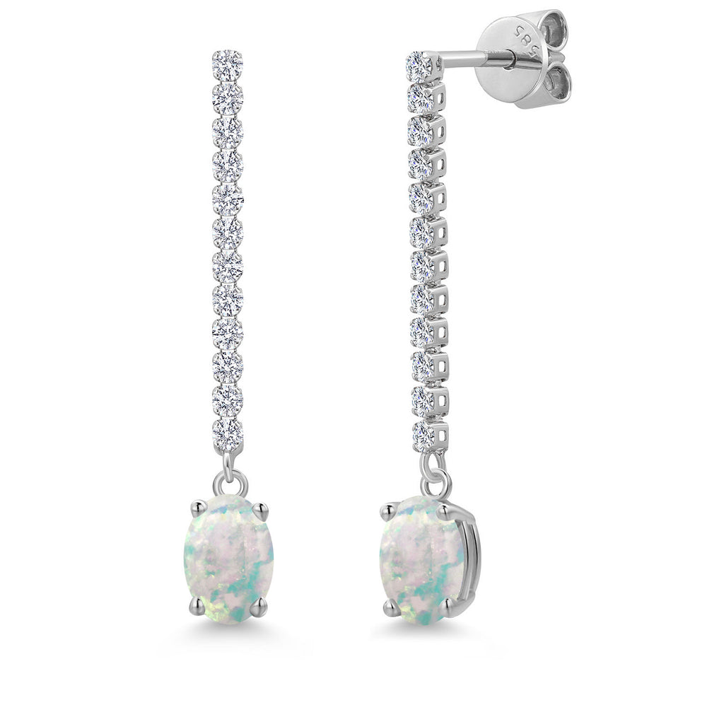 White Simulated Opal-Cabochon - October_Earrings in 14K White Gold