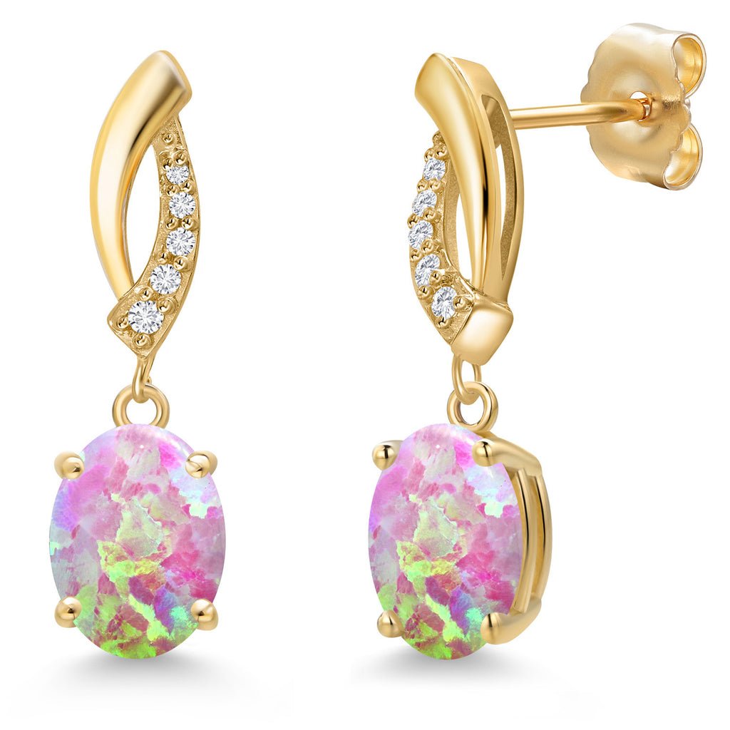 Pink Simulated Opal-Cabochon - October_Earrings in 14K Yellow Gold