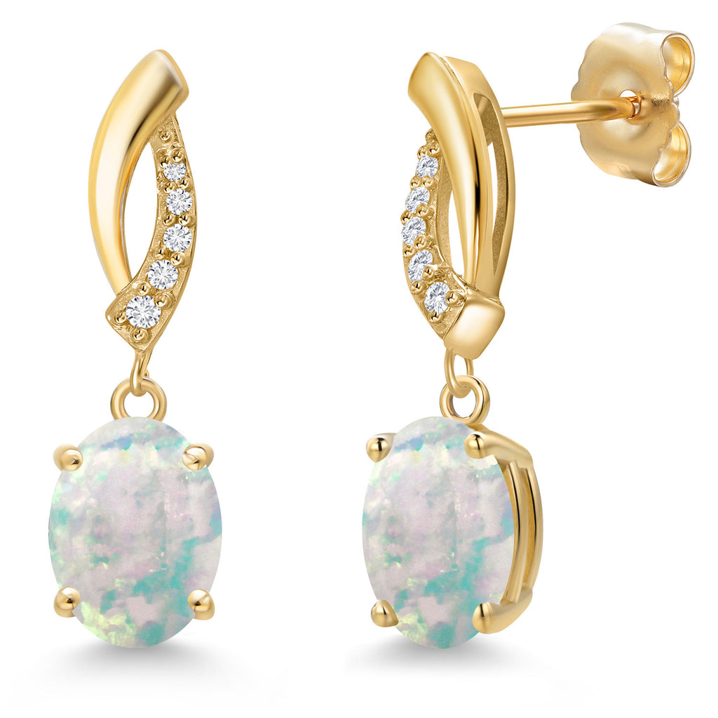 White Simulated Opal-Cabochon - October_Earrings in 14K Yellow Gold