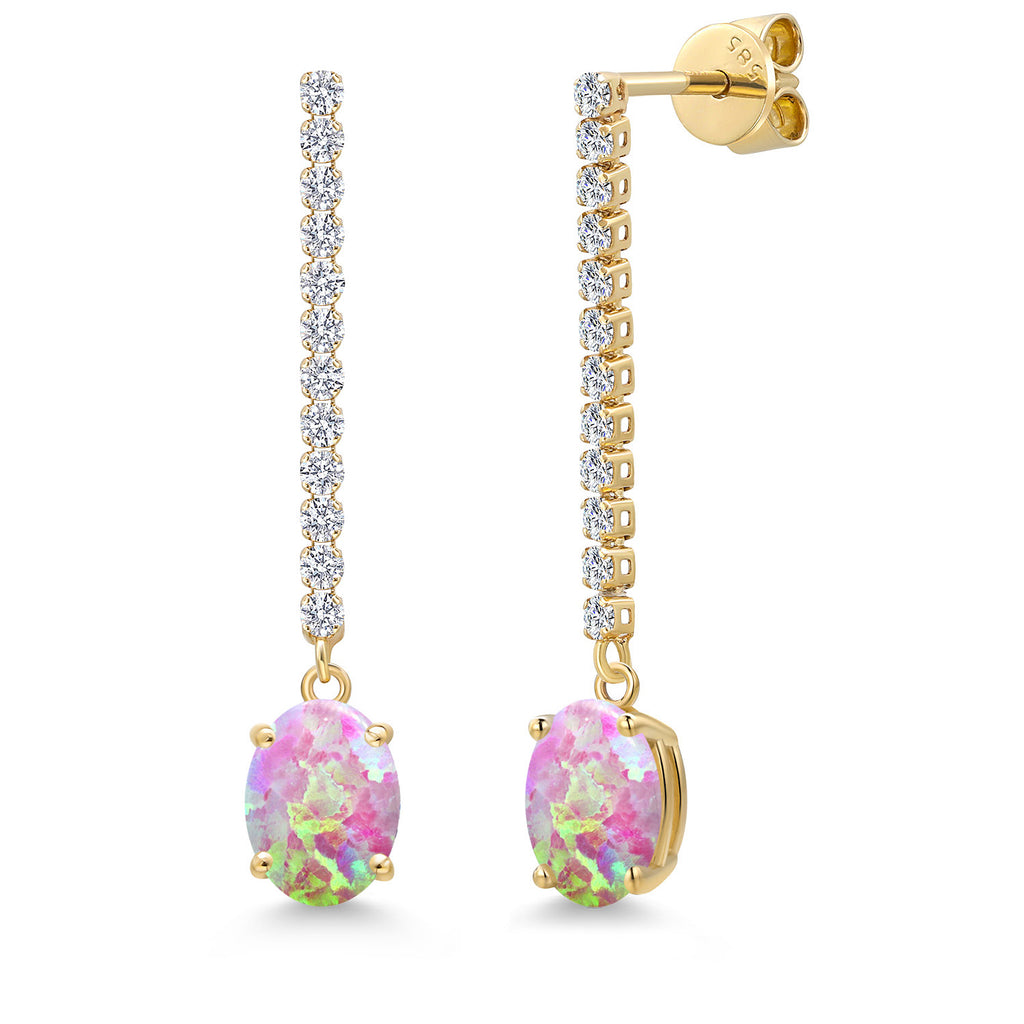 Pink Simulated Opal-Cabochon - October_Earrings in 14K Yellow Gold