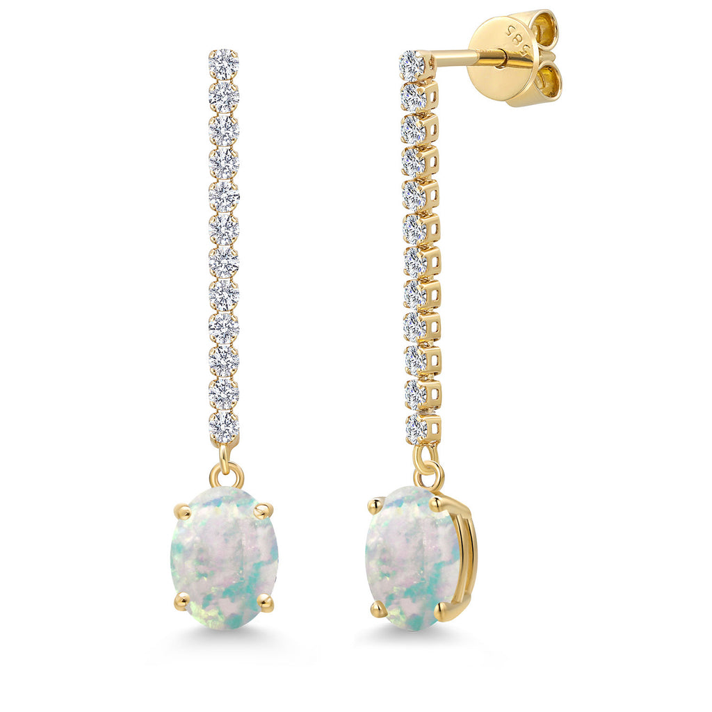 White Simulated Opal-Cabochon - October_Earrings in 14K Yellow Gold