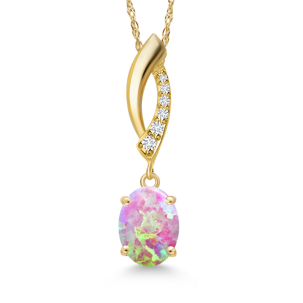 Pink Simulated Opal-Cabochon - October_Pendant in 14K Yellow Gold
