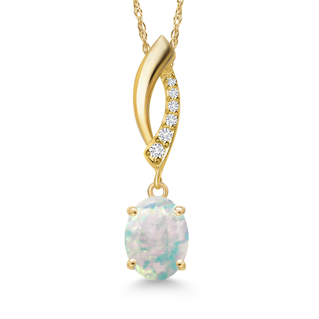 White Simulated Opal-Cabochon - October_Pendant in 14K Yellow Gold