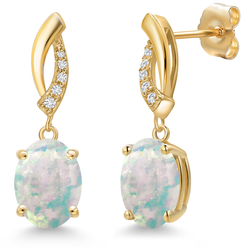 White Simulated Opal-Cabochon - October_Earrings in 14K Yellow Gold