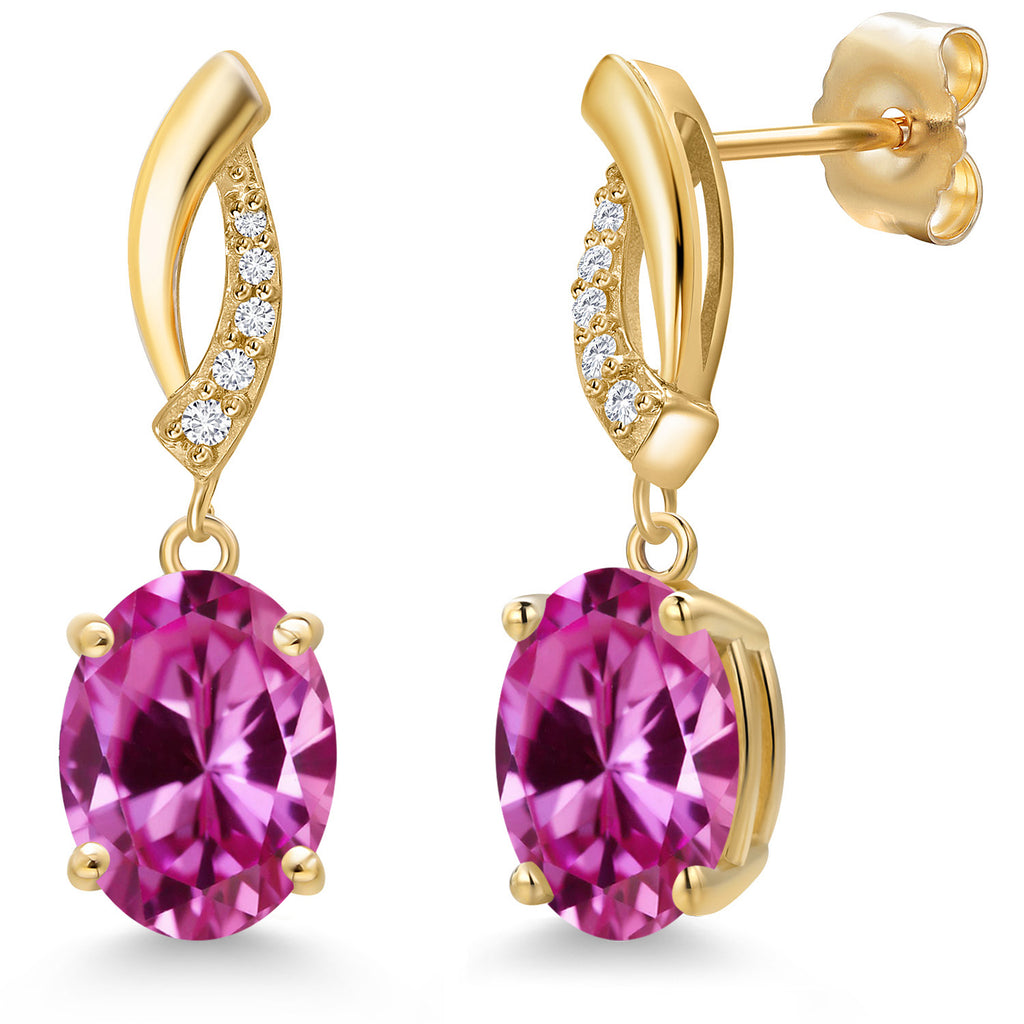 Pink Created Sapphire - September_Earrings in 14K Yellow Gold