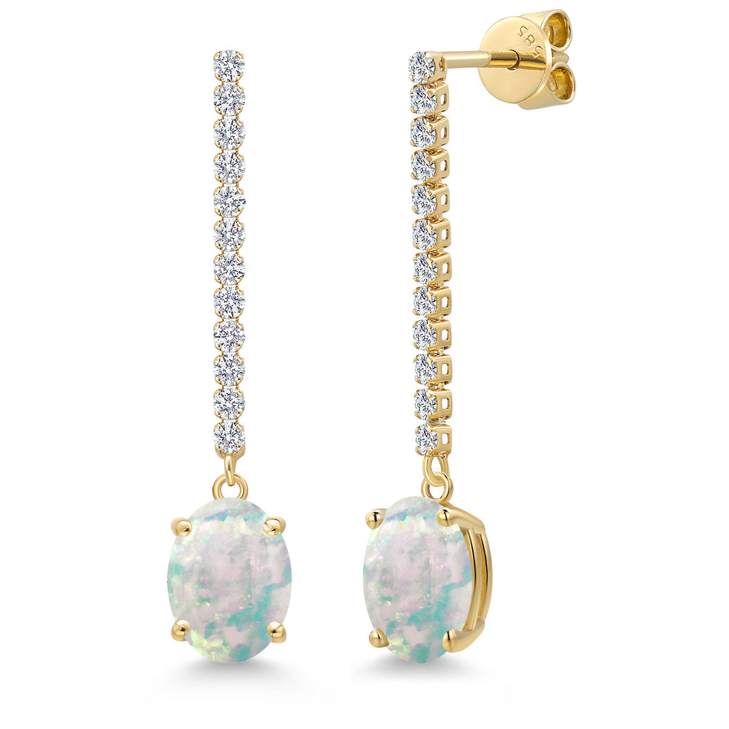 White Simulated Opal-Cabochon - October_Earrings in 14K Yellow Gold
