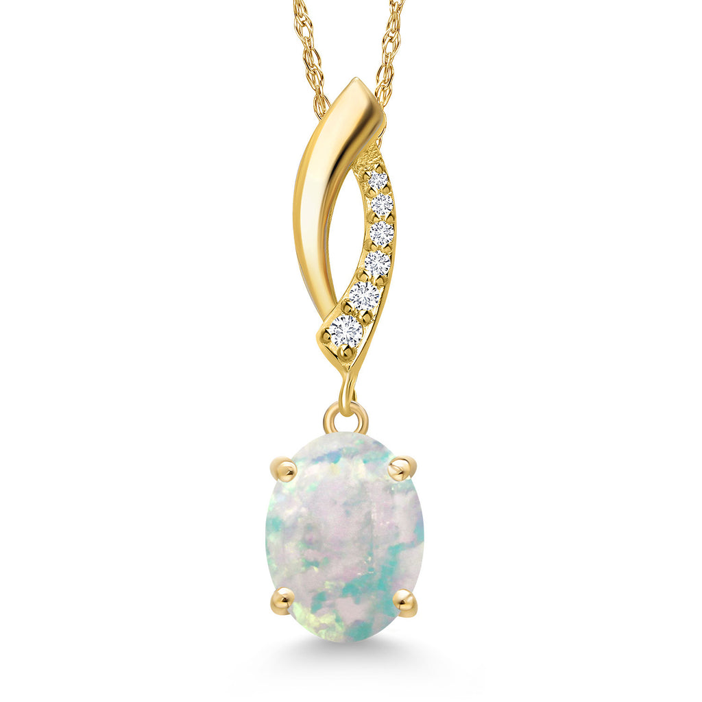 White Simulated Opal-Cabochon - October_Pendant in 14K Yellow Gold
