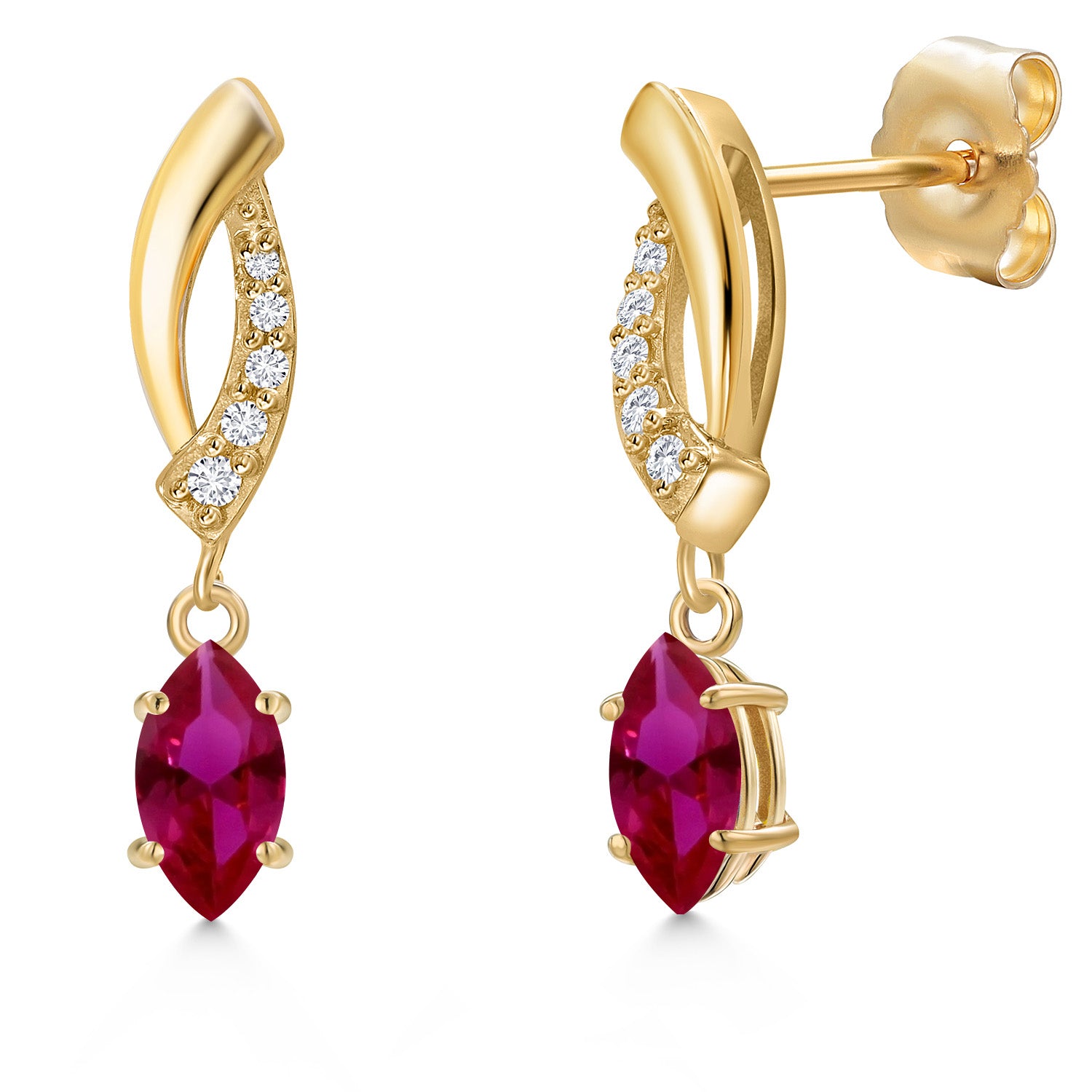 14K Yellow Gold Red Created Ruby and Lab Grown Diamond Dangle Earrings for Women | 0.65 Cttw | Gemstone July Birthstone | Marquise 6X3MM