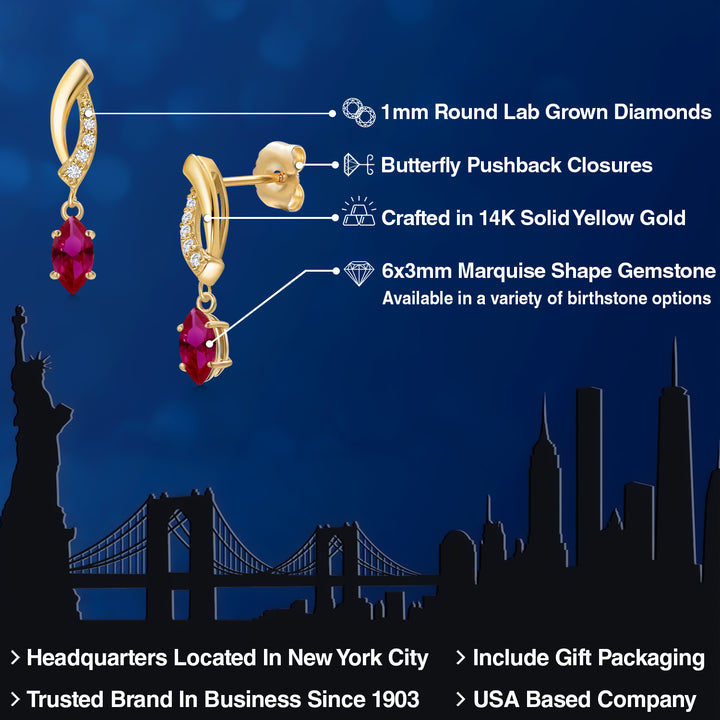 14K Yellow Gold Red Created Ruby and Lab Grown Diamond Dangle Earrings for Women | 0.65 Cttw | Gemstone July Birthstone | Marquise 6X3MM