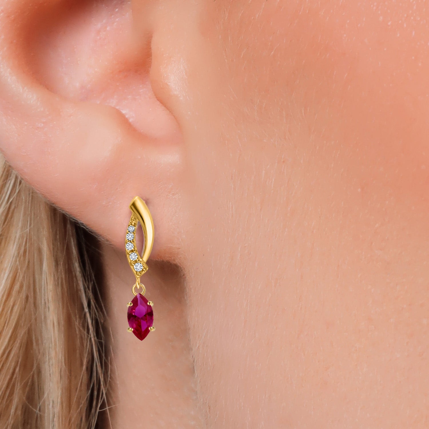 14K Yellow Gold Red Created Ruby and Lab Grown Diamond Dangle Earrings for Women | 0.65 Cttw | Gemstone July Birthstone | Marquise 6X3MM