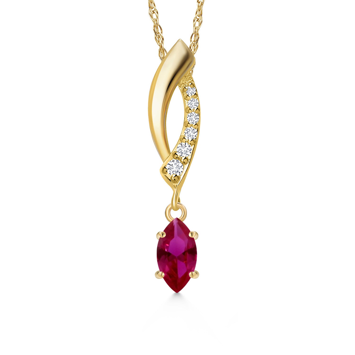 14K Yellow Gold Red Created Ruby and Lab Grown Diamond Pendant Necklace for Women | 0.33 Cttw | Gemstone July Birthstone | Marquise 6X3MM | With 18 Inch Chain