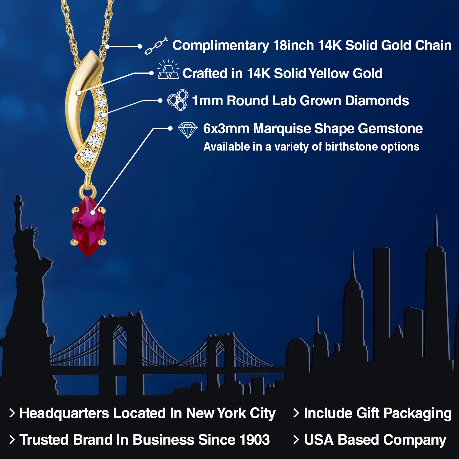 14K Yellow Gold Red Created Ruby and Lab Grown Diamond Pendant Necklace for Women | 0.33 Cttw | Gemstone July Birthstone | Marquise 6X3MM | With 18 Inch Chain