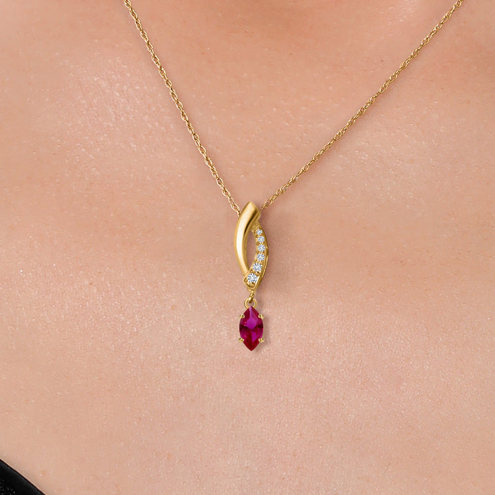 14K Yellow Gold Red Created Ruby and Lab Grown Diamond Pendant Necklace for Women | 0.33 Cttw | Gemstone July Birthstone | Marquise 6X3MM | With 18 Inch Chain