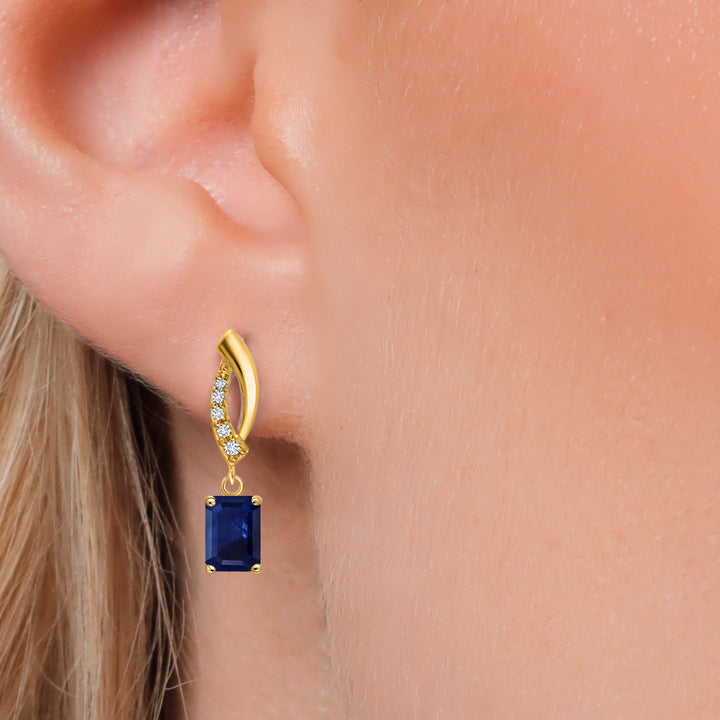 14K Yellow Gold Blue Sapphire and Lab Grown Diamond Earrings for Women | 1.28 Cttw | Gemstone September Birthstone | Octagon 6X4MM