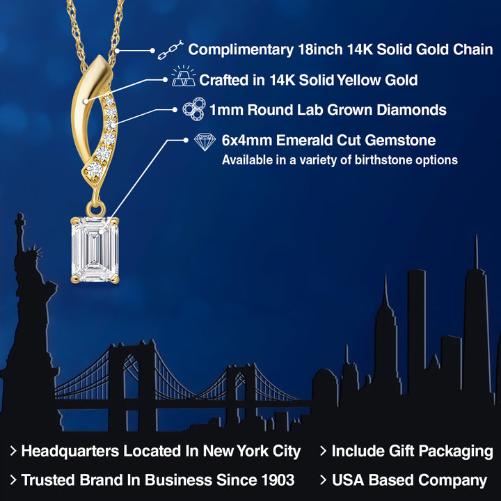 14K Yellow Gold Lab Grown Diamond Pendant Necklace for Women | 0.68 Cttw | Gemstone April Birthstone | Emerald Cut 6X4MM | With 18 Inch Chain