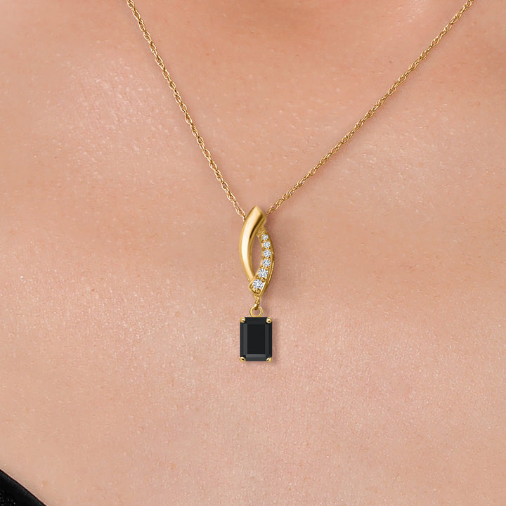 14K Yellow Gold Black Onyx and Lab Grown Diamond Pendant Necklace for Women | 0.59 Cttw | Gemstone December Birthstone | Octagon 6X4MM | With 18 Inch Chain