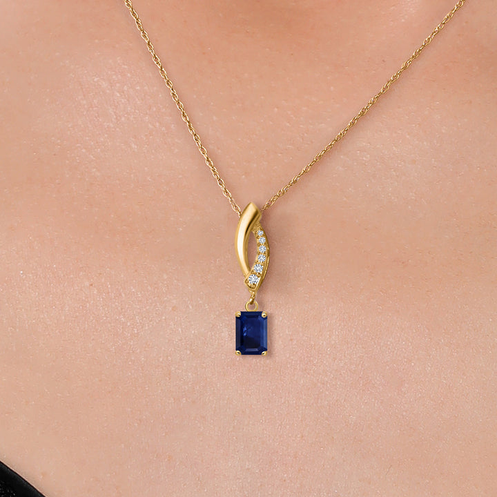 14K Yellow Gold Blue Sapphire and Lab Grown Diamond Pendant Necklace for Women | 0.65 Cttw | Gemstone September Birthstone | Octagon 6X4MM | With 18 Inch Chain