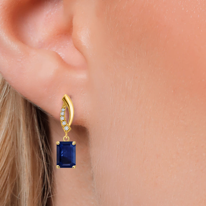 14K Yellow Gold Blue Sapphire and Lab Grown Diamond Earrings for Women | 3.17 Cttw | Gemstone September Birthstone | Octagon 7X5MM