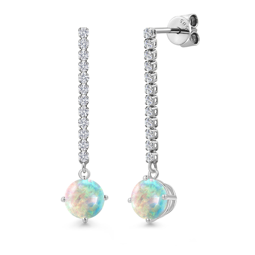 White Simulated Opal-Cabochon - October_Earrings in 14K White Gold