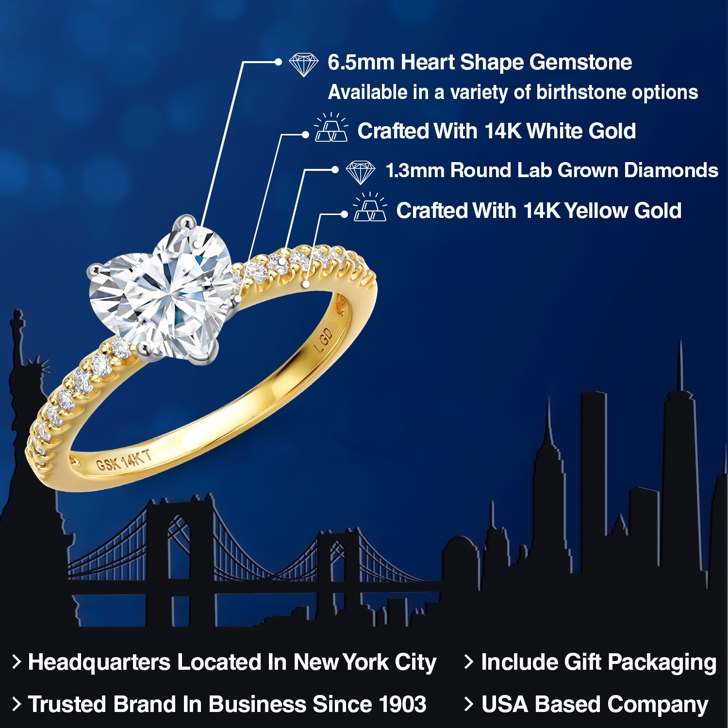 14K Two Tone Gold White Moissanite and E - F Lab Grown Diamond Engagement Ring For Women | 1.24 Cttw | Heart Shape 6.5MM | Gemstone Birthstone | Available in Size 5,6,7,8,9