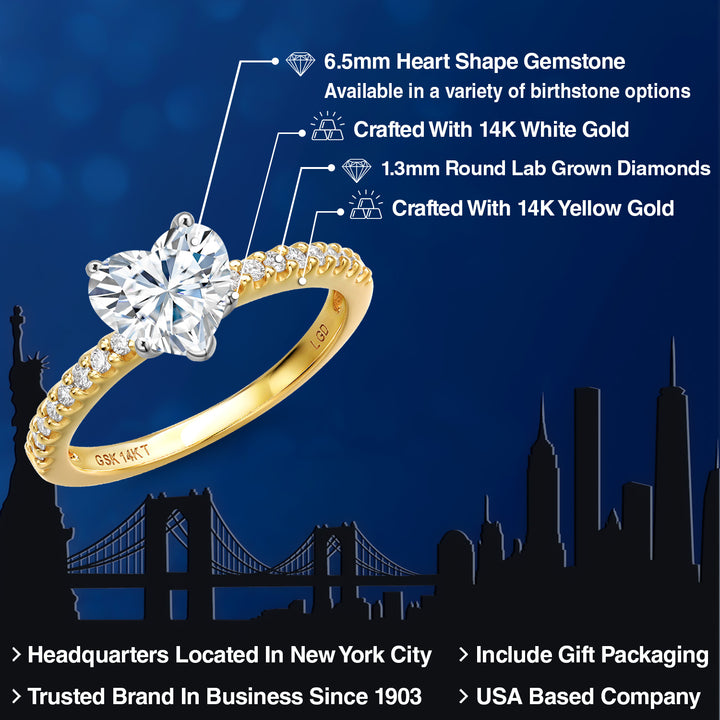 14K Two Tone Gold White Moissanite and E - F Lab Grown Diamond Engagement Ring For Women | 1.24 Cttw | Heart Shape 6.5MM | Gemstone Birthstone | Available in Size 5,6,7,8,9