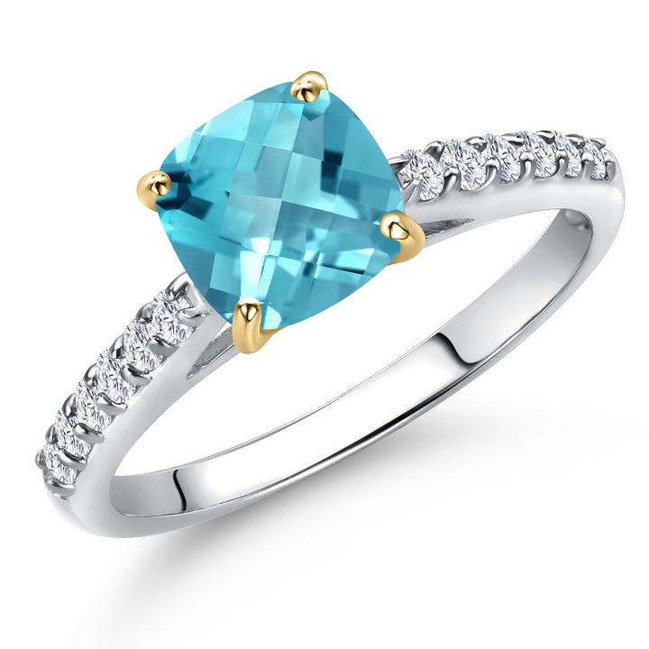 Swiss Blue Topaz-Checkerboard - November_5_Ring in 10K Two Tone Gold