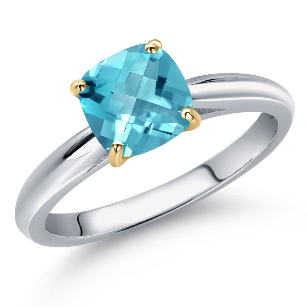 Swiss Blue Topaz-Checkerboard - November_8_Ring in 10K Two Tone Gold