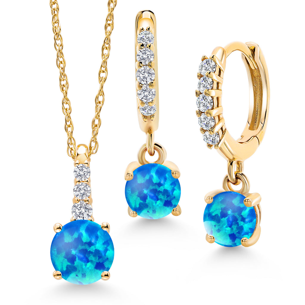 Blue Simulated Opal-Cabochon - October_Pendant Earrings Set in 10K Yellow Gold