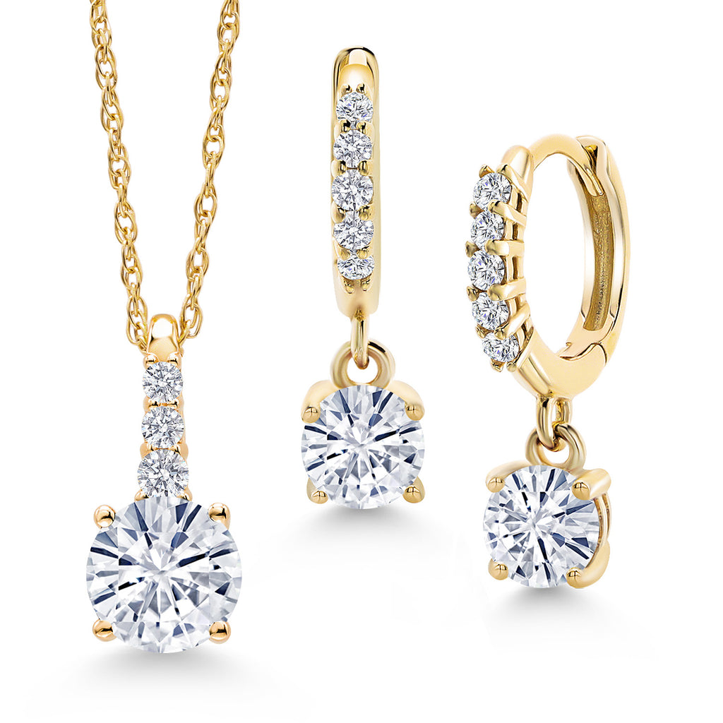 White Moissanite - April_Pendant Earrings Set in 10K Yellow Gold