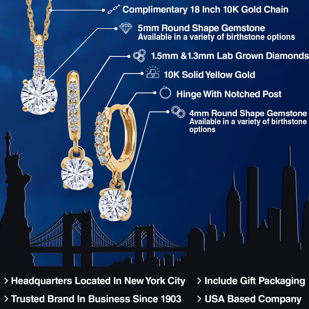 White Moissanite - April_Pendant Earrings Set in 10K Yellow Gold