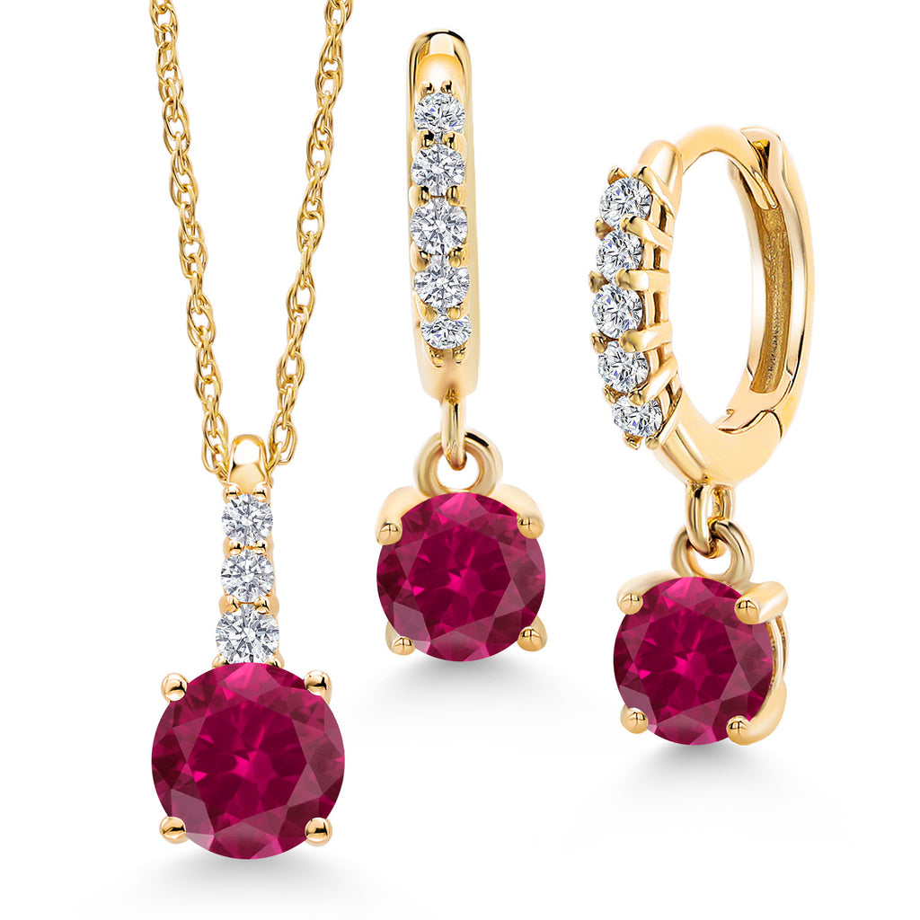 Created Ruby - July_Pendant Earrings Set in 10K Yellow Gold